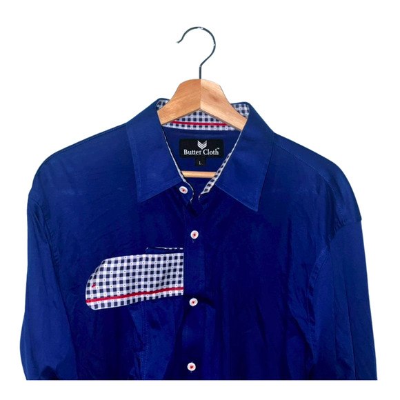 Butter Cloth Shirt Large Blue Button Up Icy Cotton Flip Cuff Stretch Performance - Picture 1 of 7